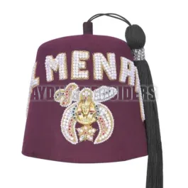 Shriners Fez Hat – Burgundy Wool Rhinestones Letters