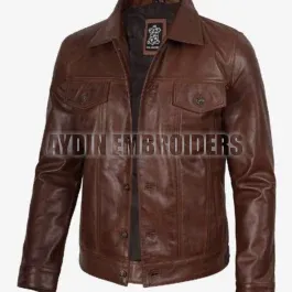 Men’s Harrington Cognac Brown Wax Leather Trucker Jacket